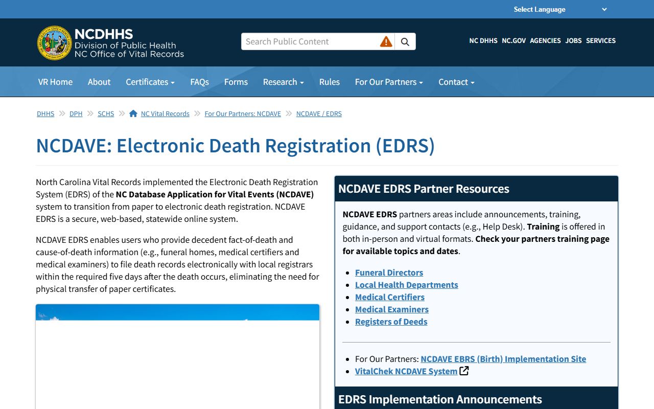 North Carolina electronic death registration system NCDAVE