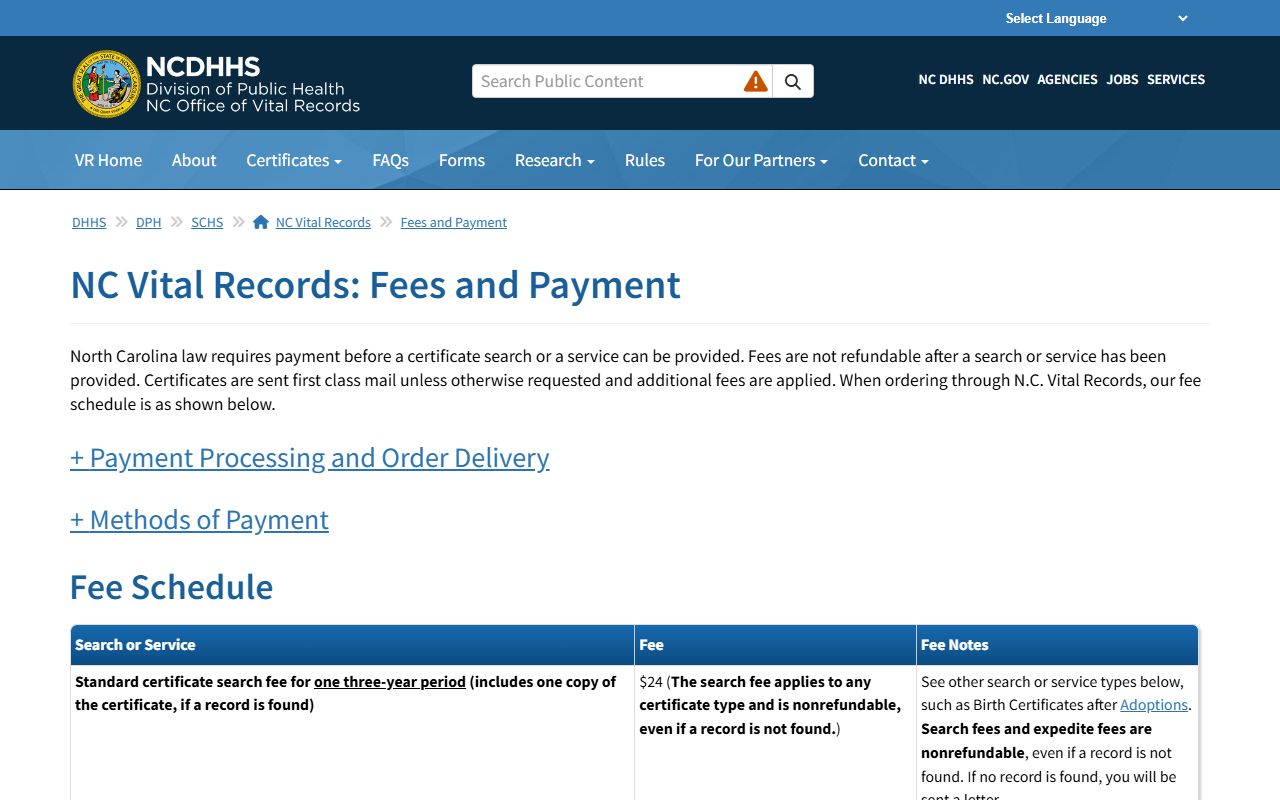 North Carolina death records fee schedule
