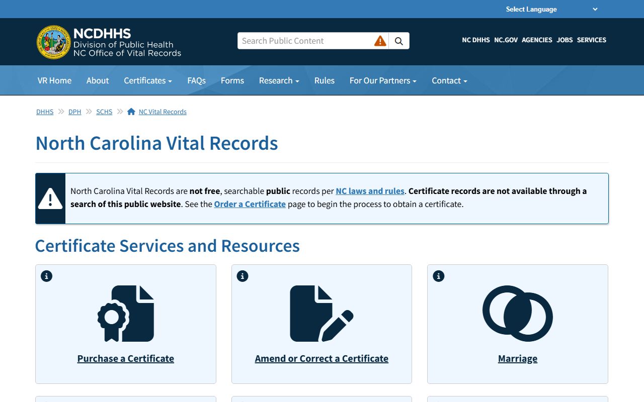 North Carolina Vital Records official homepage for death records