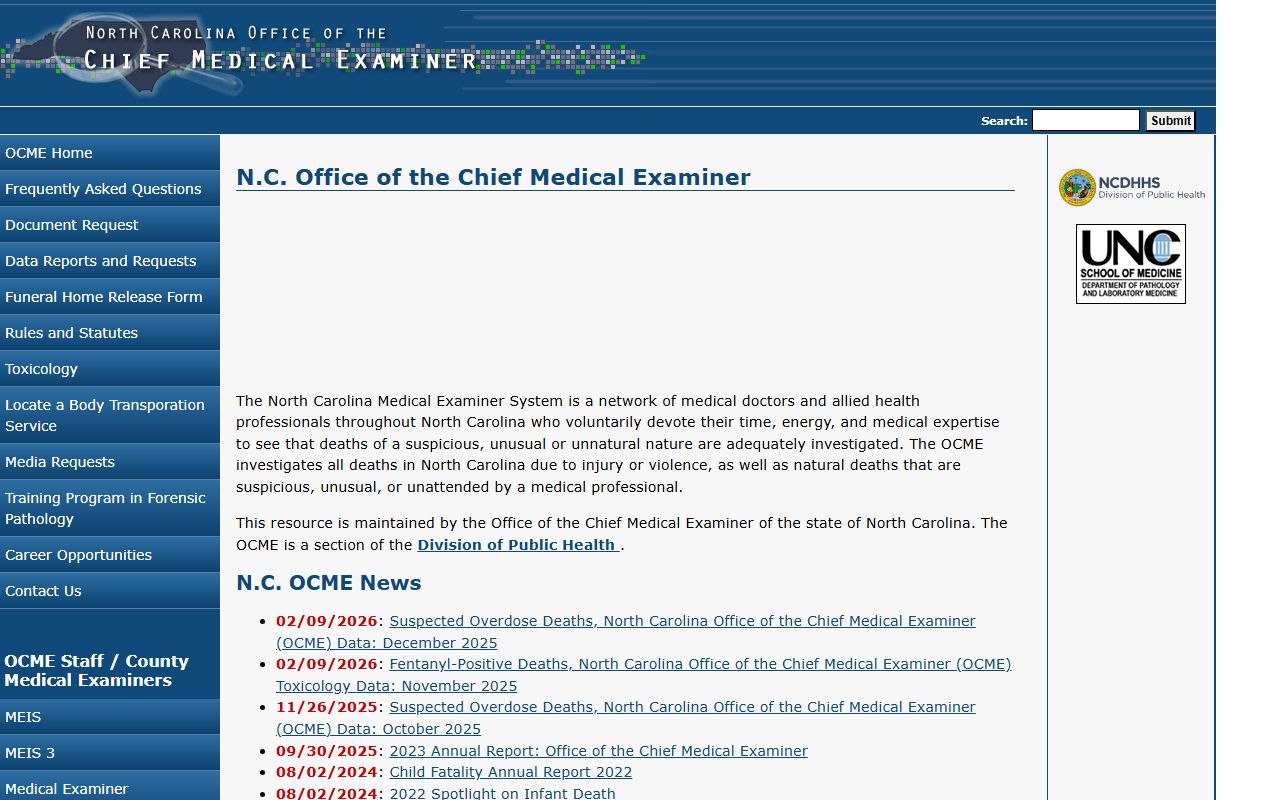 North Carolina Office of the Chief Medical Examiner for death records